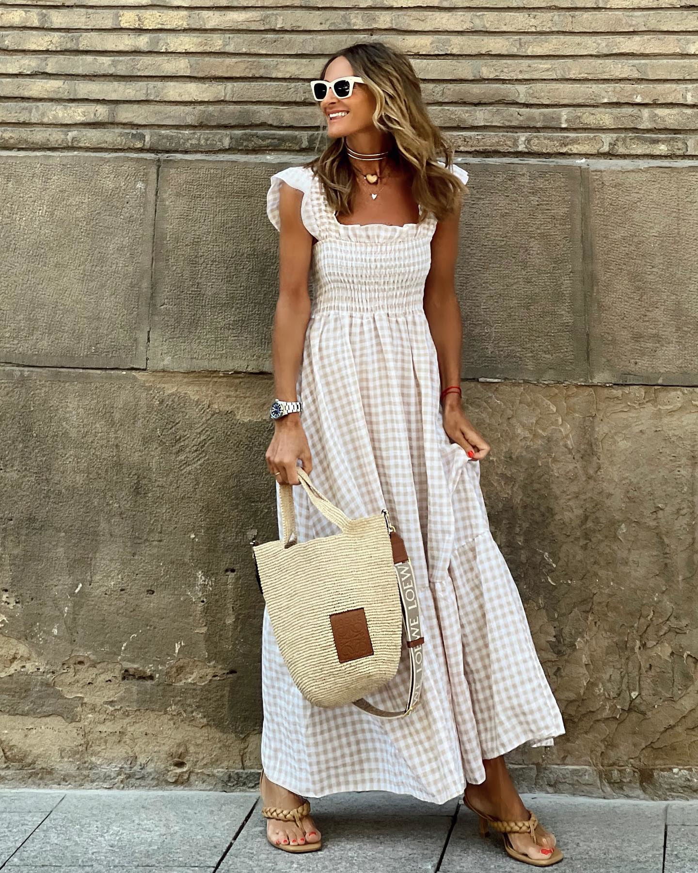 Summer Women Patchwork Plaid Sling Elastic Swing Dress
