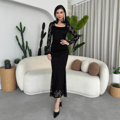 Autumn Winter Women Clothing Fashionable Elegant Lace Stitching Square Collar Slimming Pleated Maxi Dress