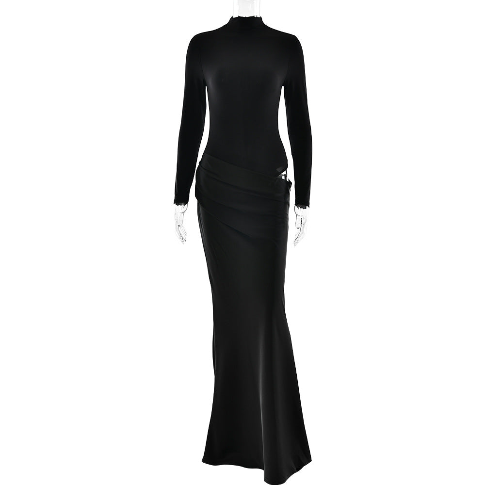 Summer Half High Collar Long Sleeves Dress Sexy Slim Fit Faux Two Piece Solid Color Dress
