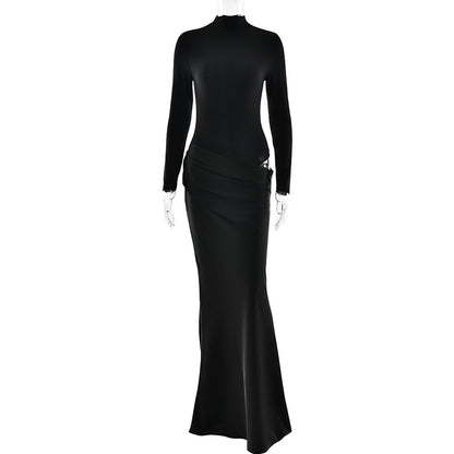 Summer Half High Collar Long Sleeves Dress Sexy Slim Fit Faux Two Piece Solid Color Dress