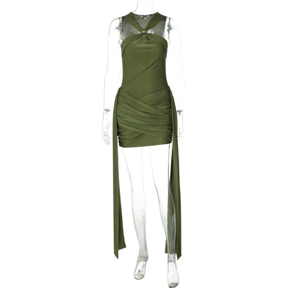 Women Clothing Summer Sleeveless Halter Pleated Waist Tight Slim Sexy Skinny Sheath Dress