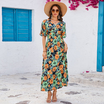 Summer V neck Ruffled Short Sleeve Maxi Dress Elegant Seaside Holiday Dress