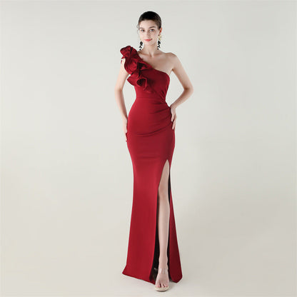 One Shoulder Craft Wave Floral Satin High Slit Sexy Evening Dress Dinner Party Wedding Social