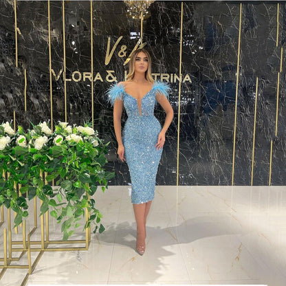 Spring Summer Women Deep V Plunge Sequ Sexy Evening Dress Feather Sequ Sleeveless Formal Dress