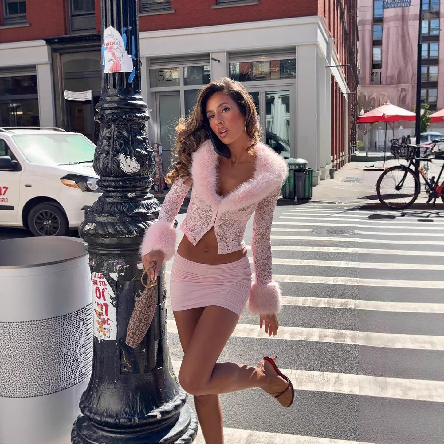 Women Clothing Autumn Winter Street Lace Plush Long Sleeved Top Sexy Skirt Set