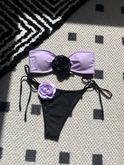 Color Matching Rose Tube Top Lace up Drawstring Strap Split Swimsuit Bikini