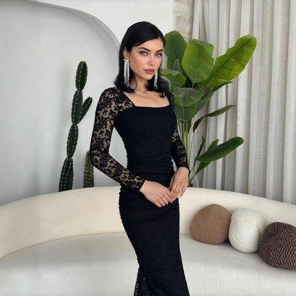 Autumn Winter Women Clothing Fashionable Elegant Lace Stitching Square Collar Slimming Pleated Maxi Dress