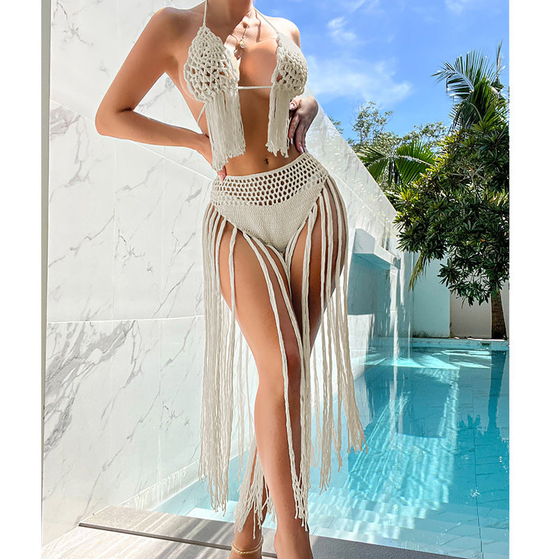 Beach Tourism Hand Crocheting Three Dimensional Floral Tassel Beach Sexy Open Back Swimsuit Bikini Set Crochet hook