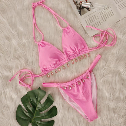 Two Piece Swimsuit Women Pink Bikini Swimsuit with Gem Embellished