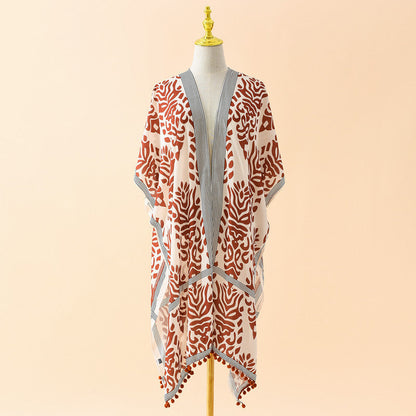 Spring Summer Striped Floral Print Pattern Chiffon Sun Protective Blouse Ball Decorative Cardigan
