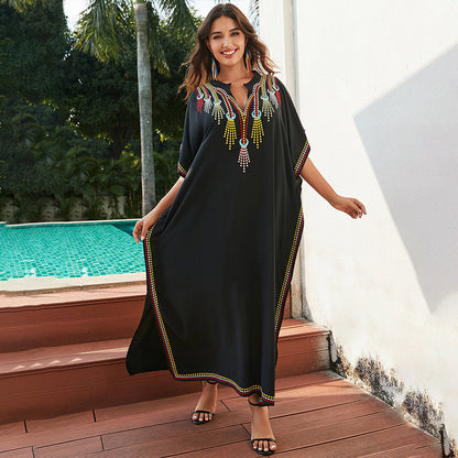 Rayon Embroidered Beach Outerwar Maxi Dress Women Loose Embroidered Casual Vacation Dress Beach Cover Up
