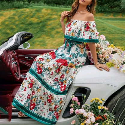 Spring Summer off Shoulder Printing Long Large Hem Dress