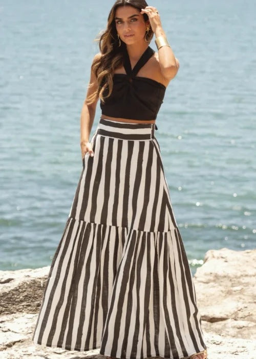 Summer Skirt Striped Printed High Waist Swing Holiday Skirt Women