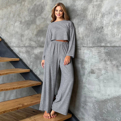 Gray Long Sleeve Trousers Pajamas Set Winter Wheat Jacquard Home Wear for Women