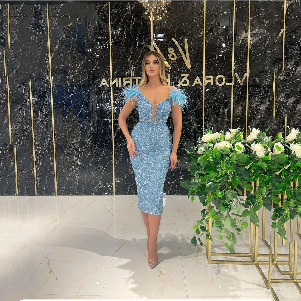 Spring Summer Women Deep V Plunge Sequ Sexy Evening Dress Feather Sequ Sleeveless Formal Dress