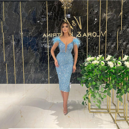 Spring Summer Women Deep V Plunge Sequ Sexy Evening Dress Feather Sequ Sleeveless Formal Dress