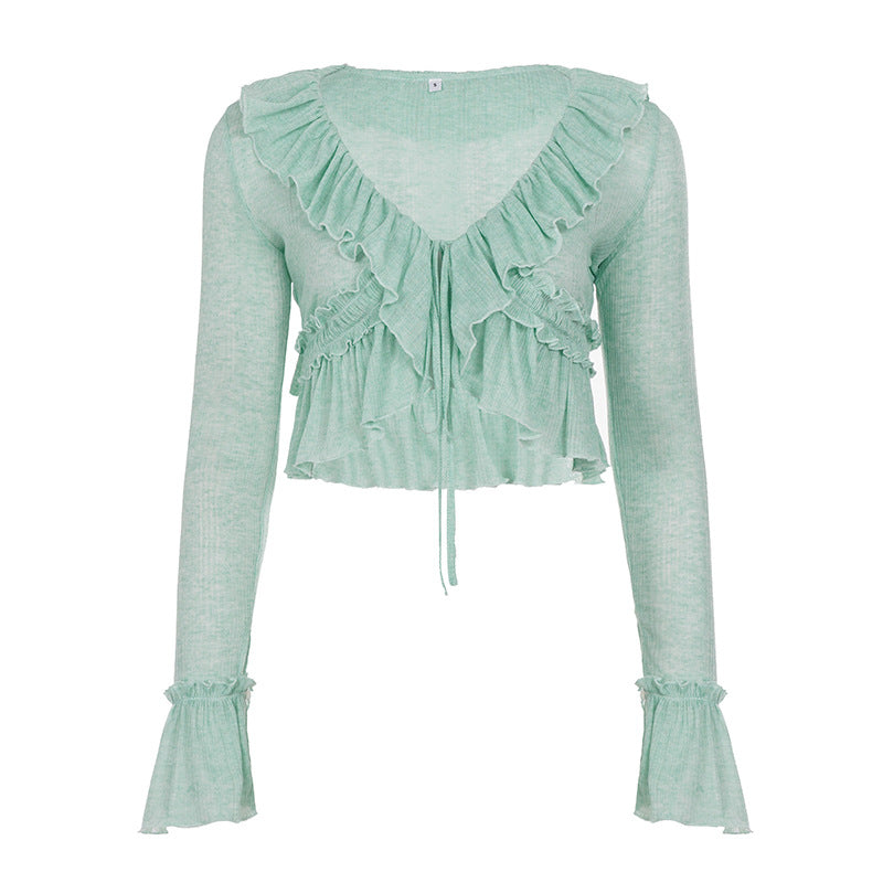 Women Streetwear Solid Color Semi See through Ruffled Tied Cardigan Irregular Asymmetric Long Sleeve V neck Blouse