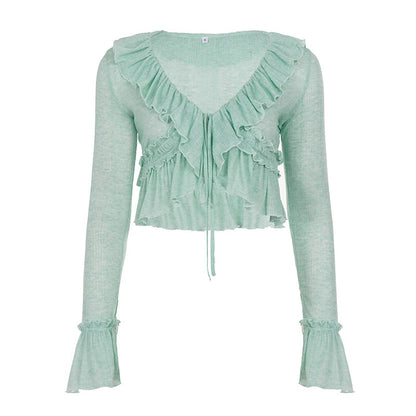 Women Streetwear Solid Color Semi See through Ruffled Tied Cardigan Irregular Asymmetric Long Sleeve V neck Blouse