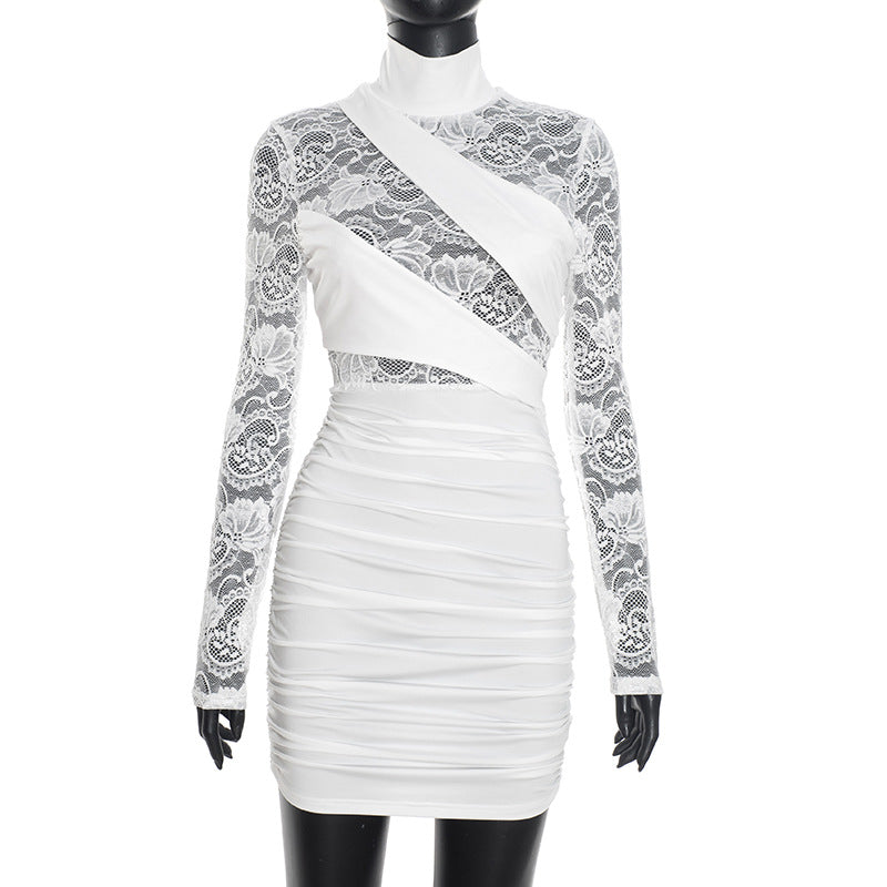 Women Clothing Autumn Winter Sexy Solid Color Half Collar Lace Stitching Long Sleeve Narrow Dress