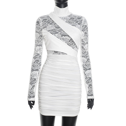 Women Clothing Autumn Winter Sexy Solid Color Half Collar Lace Stitching Long Sleeve Narrow Dress