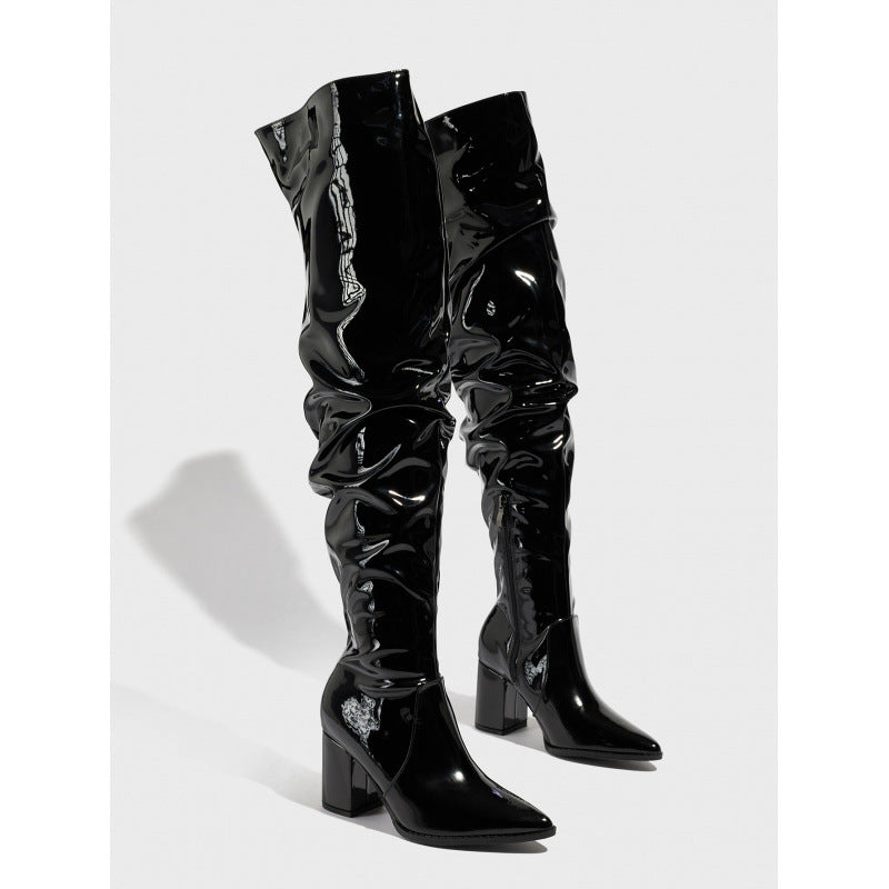 Pointed Toe Thick Heel Bright Leather Natural Wrinkle Side Zipper Comfortable Qualcomm Women Boots
