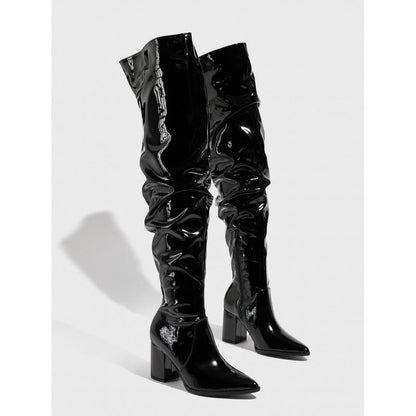 Pointed Toe Thick Heel Bright Leather Natural Wrinkle Side Zipper Comfortable Qualcomm Women Boots