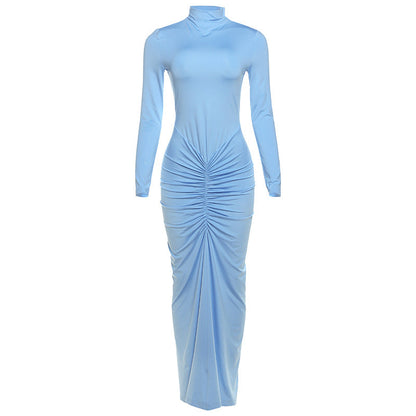 Women Clothing Autumn Solid Color Elegant Slim Slimming Pleated Turtleneck Long Sleeve Dress