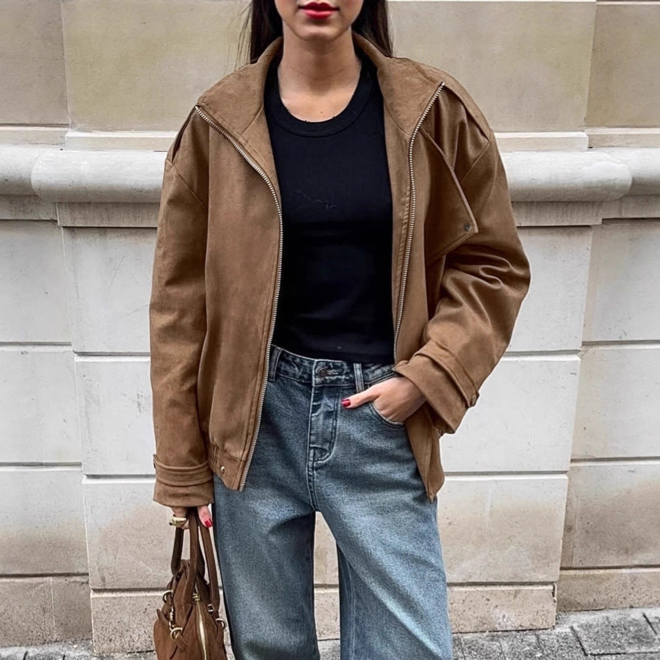 Women Brown Loose Jacket Coat Autumn Winter Retro Maillard Casual
