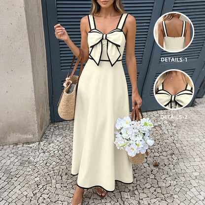 Retro Vacation Color Blocking Bow Waist Trimming Spaghetti Straps Dress