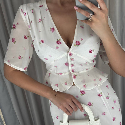 V neck Short Sleeve Cardigan Top Hip Skirt Two Piece Set Summer Printed Skirt Set for Women