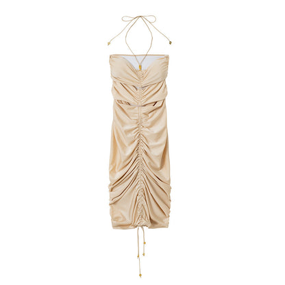 Light Nylon Solid Color Drawstring Draped Dress Sexy Tight Hip Dress