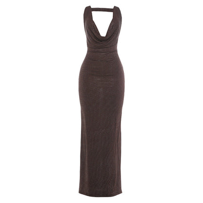 Summer Women Sexy Big Backless Dress Shiny Surface Sexy Swing Collar Sheath Dress