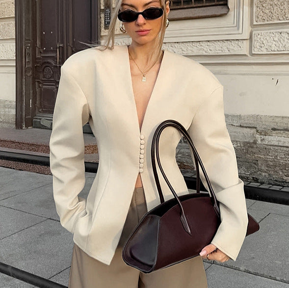 Autumn Niche Tight Waist V neck Long Sleeve Blazer Women Beige Casual