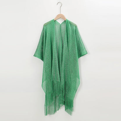 Beach Solid Color Sun Proof Tassel Knitting Beach Cover Up Sweater Shawl Cardigan