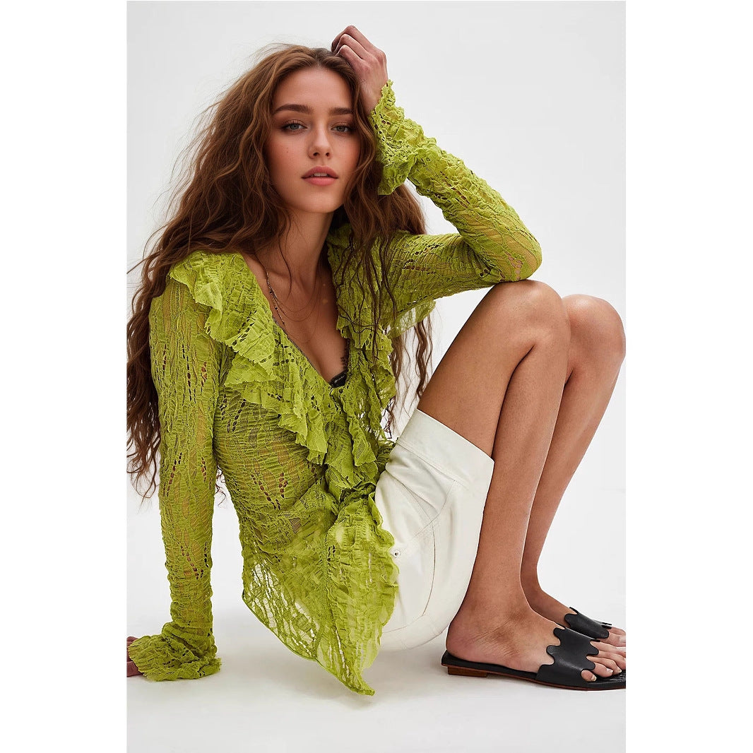 Lace V neck Shirt Women Autumn Ruffles Cardigan Long Sleeve Short Knitted Top