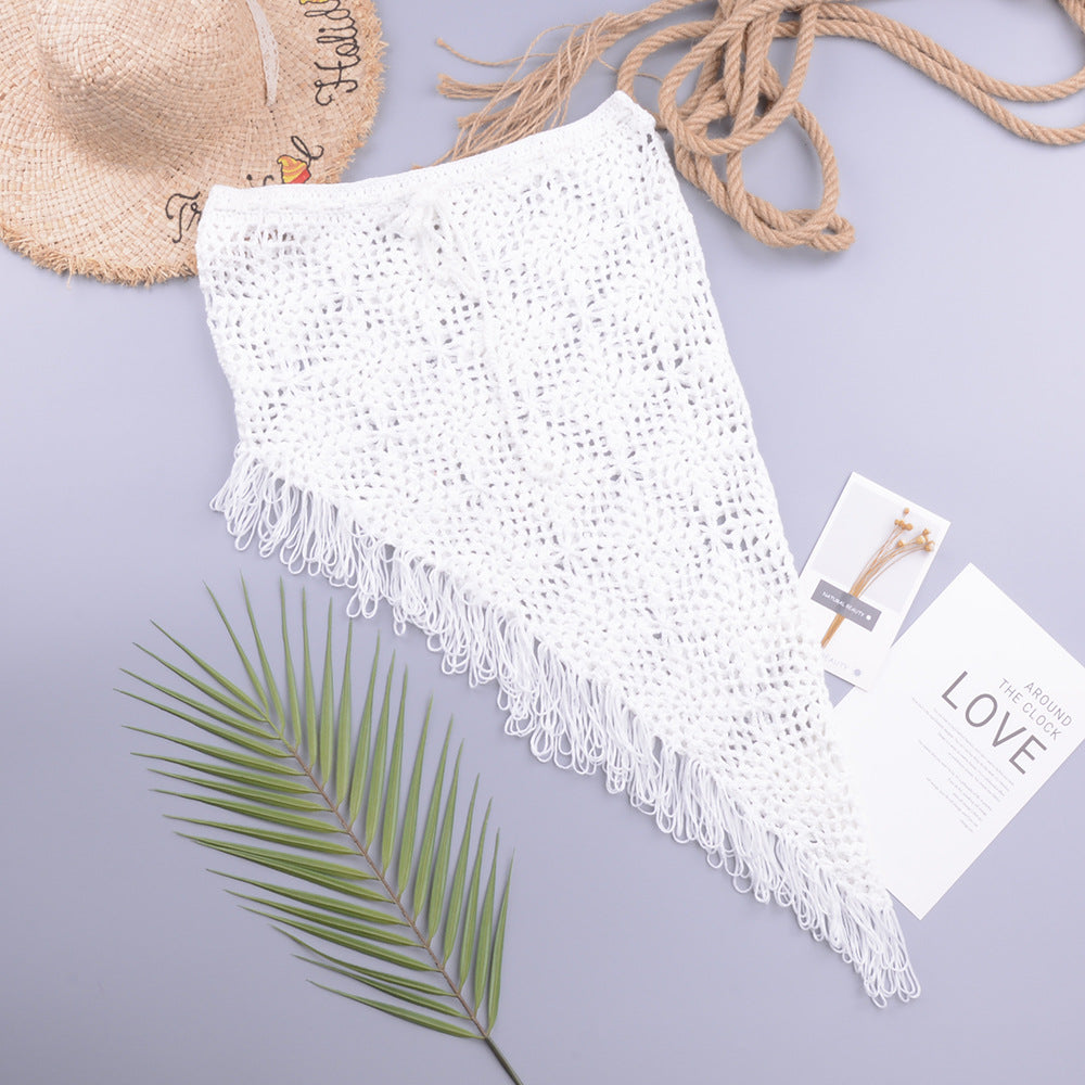 Spring Summer Women Clothing Sexy See-through Hollow Out Cutout Knitted Dress Open Oblique Tassel Beach Skirt