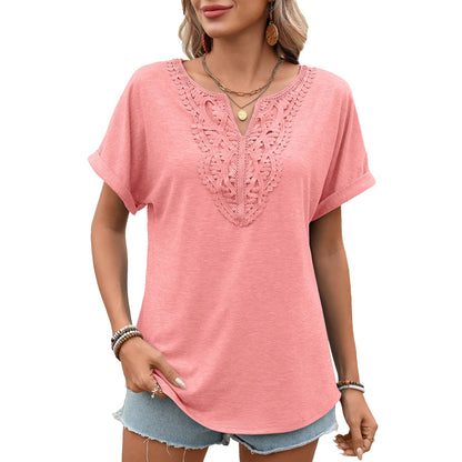 Women Clothing Spring Summer Solid Color V neck Lace Loose Short Sleeve T shirt Top