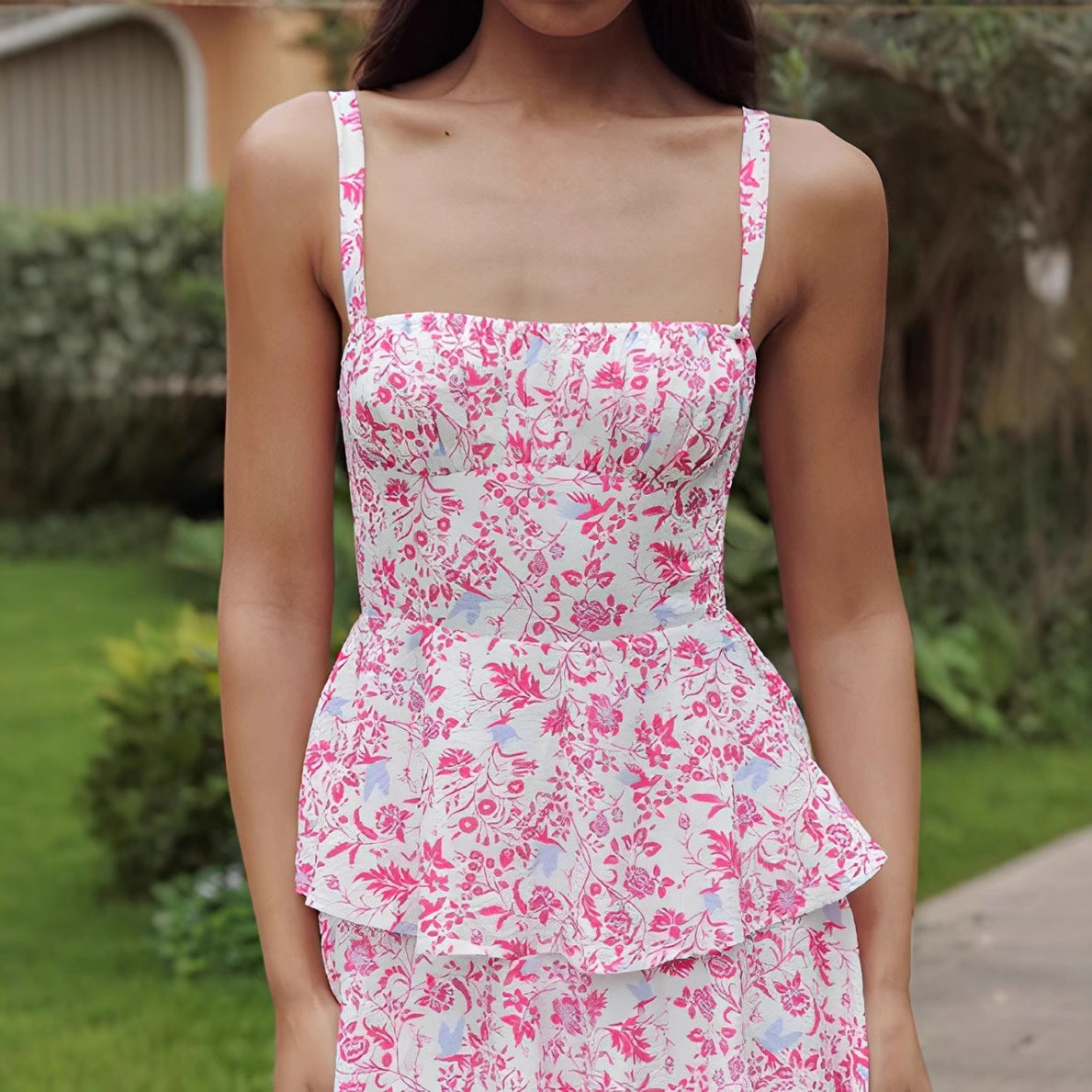 Spring Summer Women Sexy Strap Mid Length Floral Dress