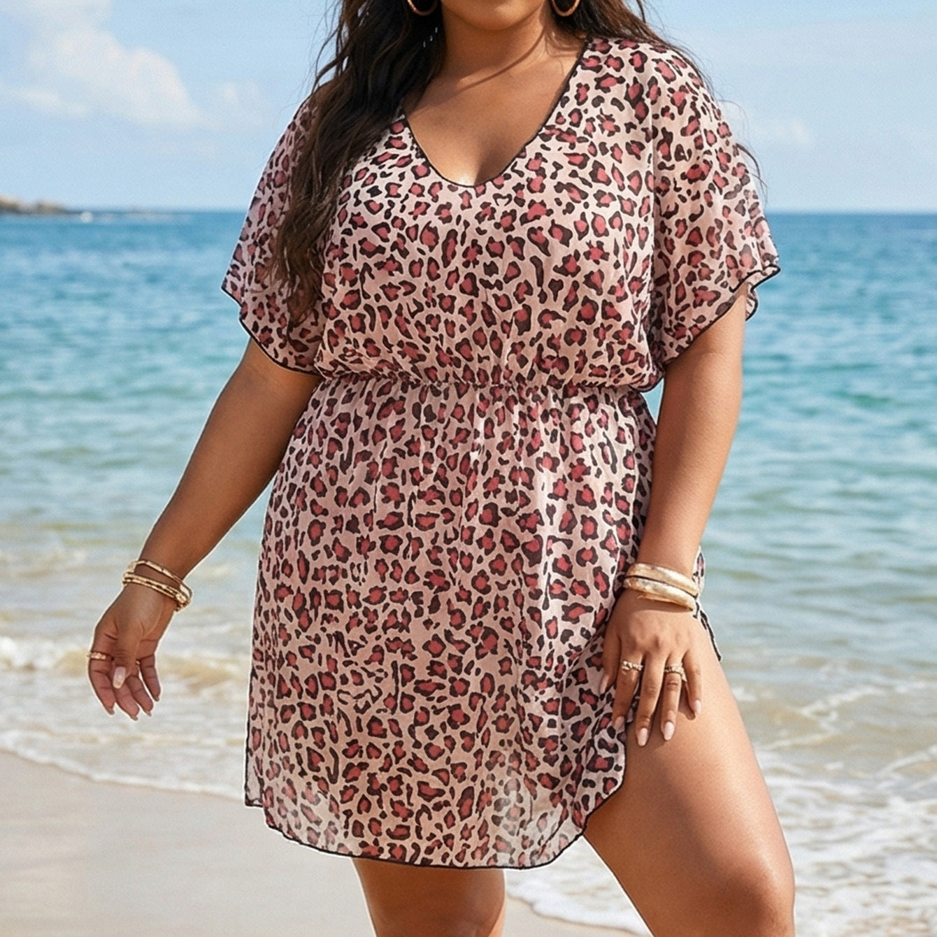 Women Clothes Leopard Print Printed Waist Controlled Split Beach Dress Sexy Deep V Plunge Tulle Dress