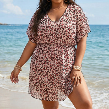 Women Clothes Leopard Print Printed Waist Controlled Split Beach Dress Sexy Deep V Plunge Tulle Dress