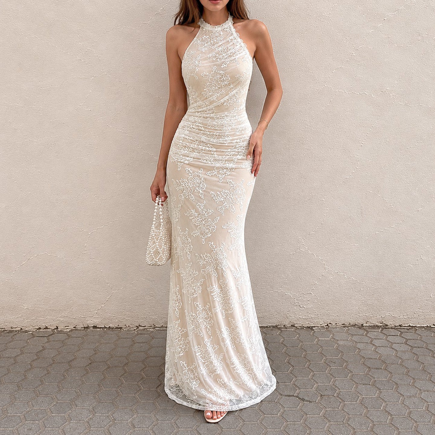 French Elegant Lace Stitching Ruffle Fitted Waist Backless Halter Dress Sexy Slim Vest Maxi Dress for Women
