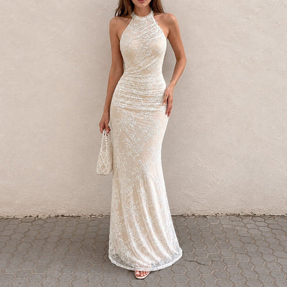 French Elegant Lace Stitching Ruffle Fitted Waist Backless Halter Dress Sexy Slim Vest Maxi Dress for Women