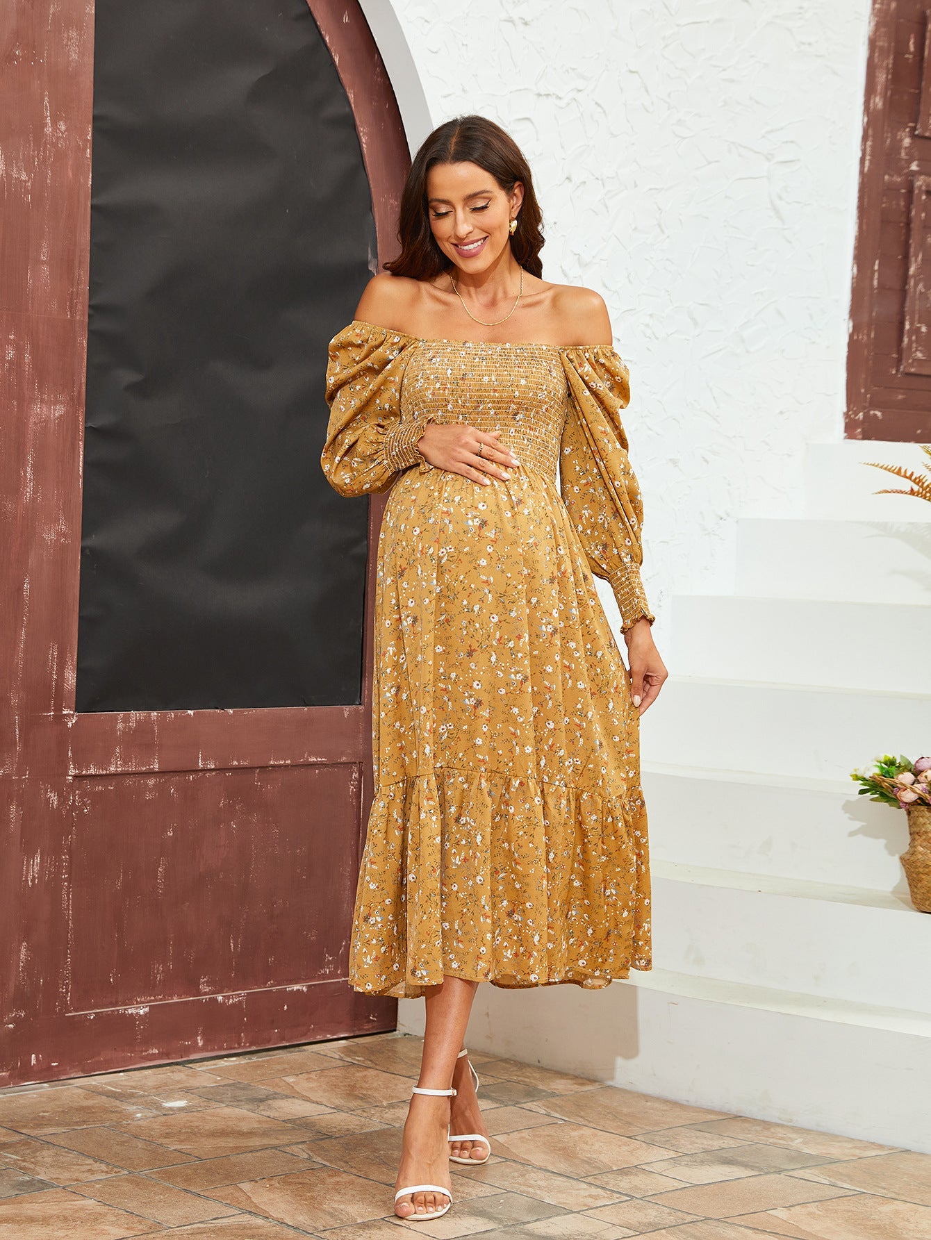 Spring Summer Women Chiffon Dress Fresh Small Floral Dress Bell Sleeve Dress