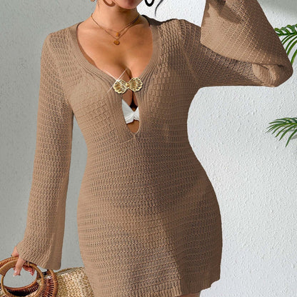 Deep V Plunge neck Hollow Out Cutout out Bell Sleeve Beach Cover up Bikini Cover up Metal Starfish Shell Button Stitching Dress