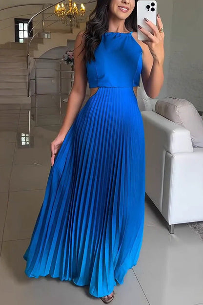 Sleeveless Pleated Backless Gradient Color Dress