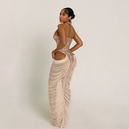 Autumn Winter Women Clothing Fashionable Sequ Stitching Sexy Mesh See through Ruffle Hip Dress