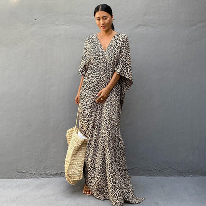Printed Long Skirt Beach Cover up Vacation Maxi Dress Bikini Swimsuit Blouse Sun Protection Shirt