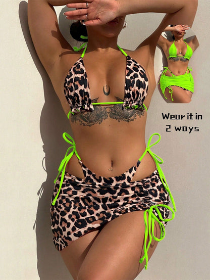 Arrival Three Piece Swimsuit Women Double Sided Leopard Print Halter Bikini Swimsuit Summer Beach