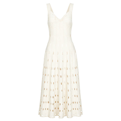Summer Sleeveless V neck Knitted All Matching Slim Fit Figure Flattering Sleeveless Sling Mid Length Dress