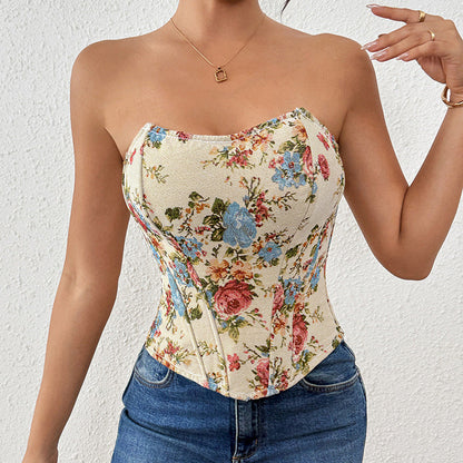 Summer French Retro Floral Print Tube Top Niche Boning Corset Sexy Outerwear Bra